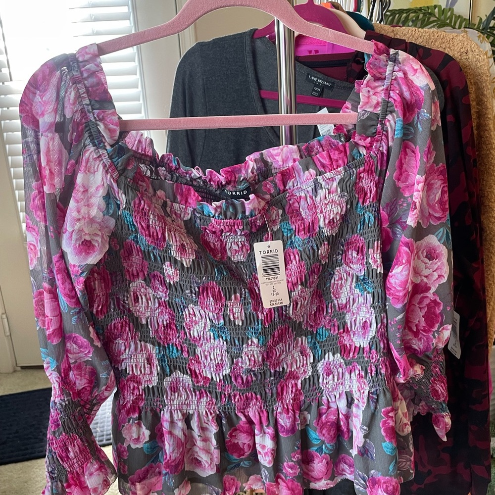 Torrid Floral Smocked Top - Pink and Gray